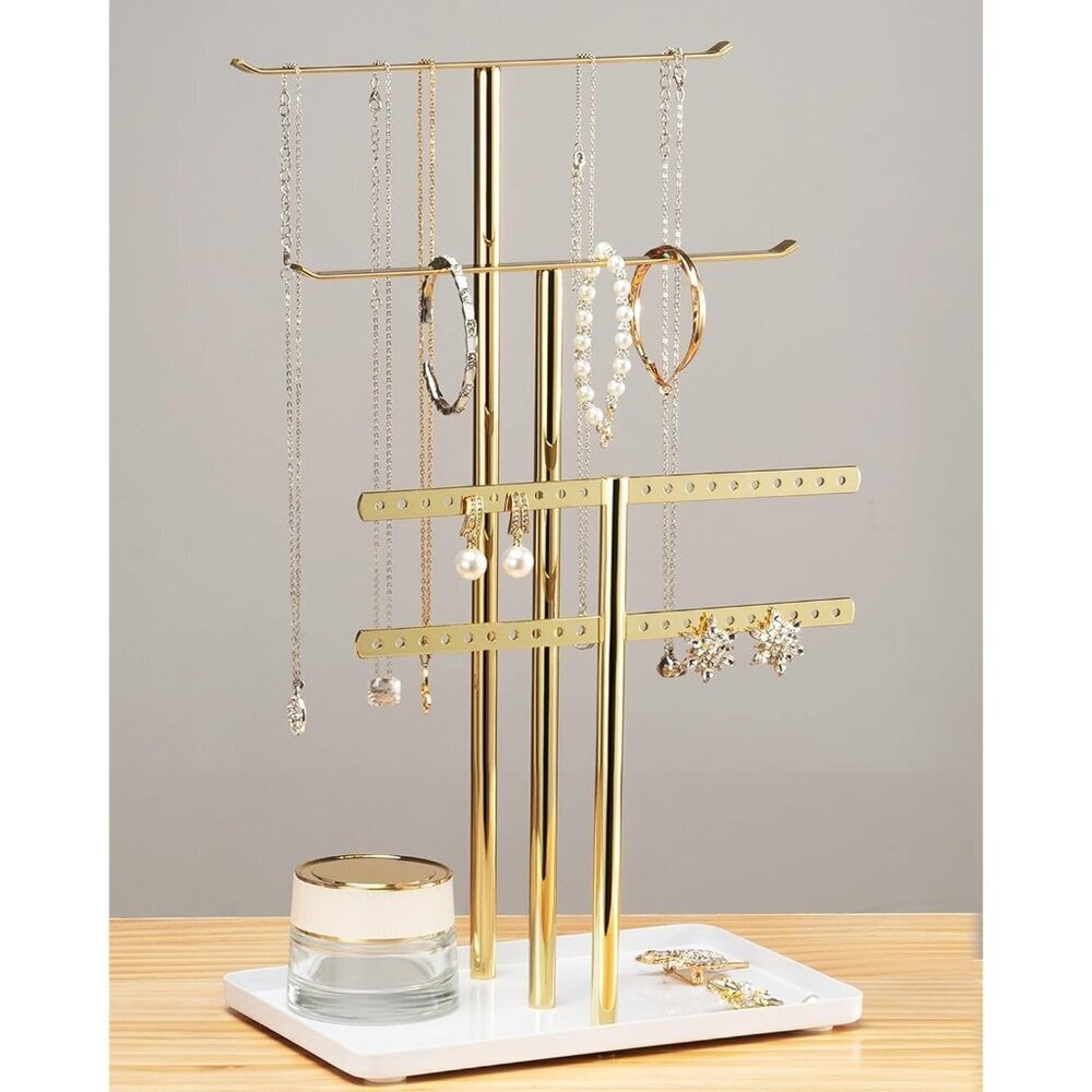 14.5" Sturdy Earring and Bracelet Display Hanger Mirrored Gold Jewelry Organizer